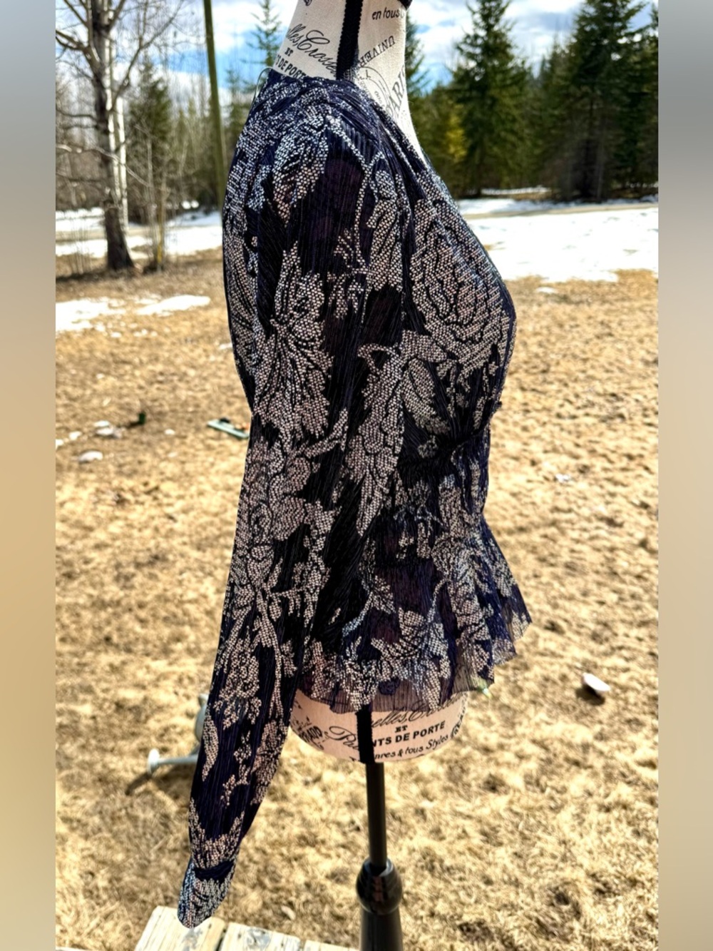 Anthropologie Black Navy and Silver Metallic Floral V-Neck Peplum Blouse - Picture 13 of 17